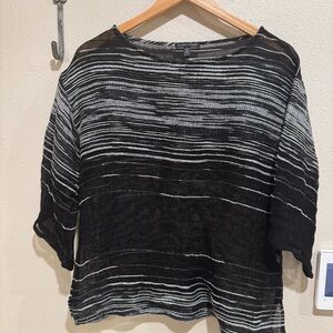 Eileen Fisher Organic Cotton Linen Black White Stripe Bateau Neck Top XS
